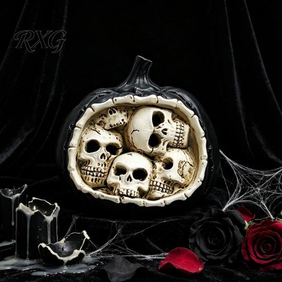 Halloween Skull Pumpkin Ornaments Figurine, Realistic Resin Skeleton Statue Decorations, Spooky Indoor Table Decor Desktop for Haunted House