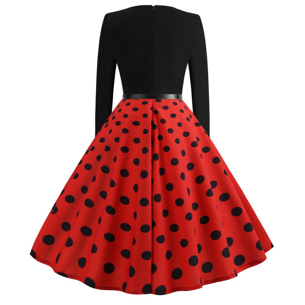 Women Vintage Long Sleeve O Neck Evening Dot Printing Party Prom Swing Dress