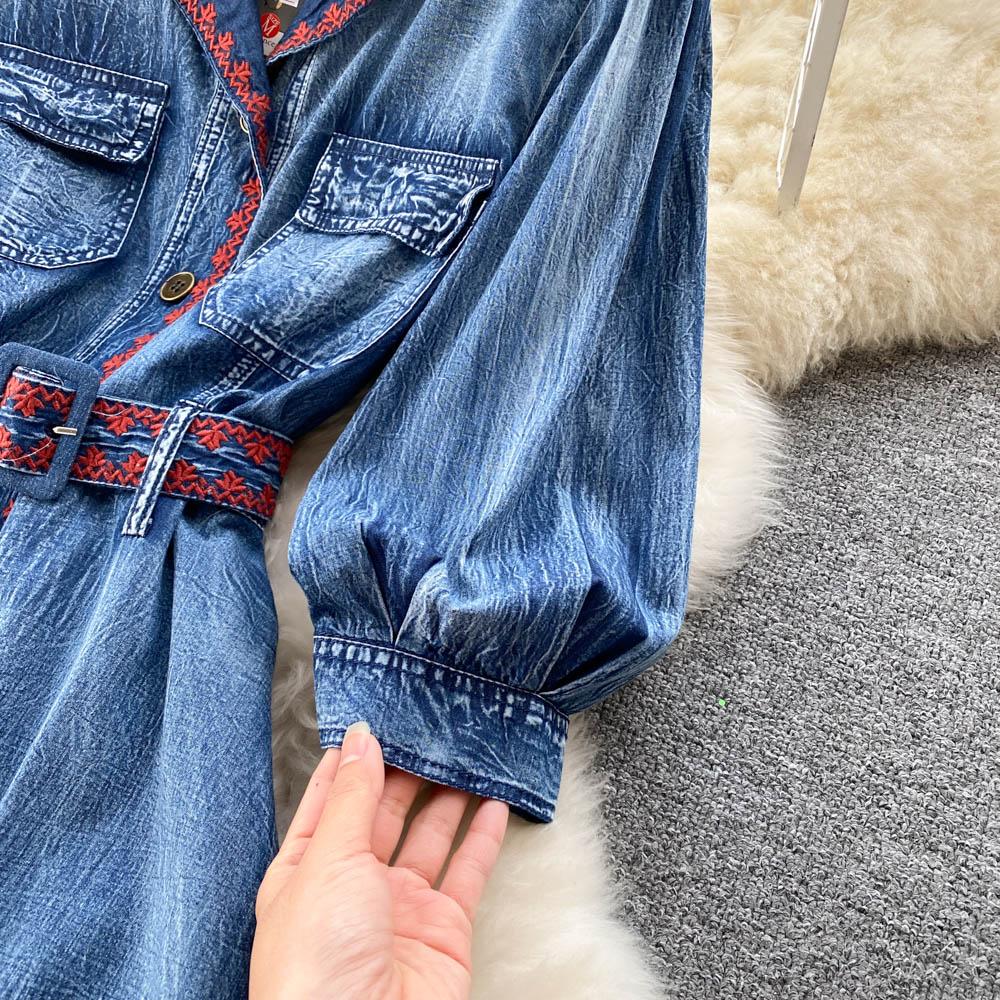 RUGOD Spring and Autumn New Retro Denim Dress Women's Long-sleeved Design Waist Shirt Dress Button High Waist Dress