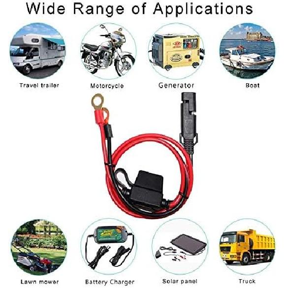 [5 PACK] 2FT Motorcycle Battery Charger Cord, Sae To O Ring Terminal Quick Disconnect Assembly Extension Cable, Sae 2Pin Wire Harness Reverse