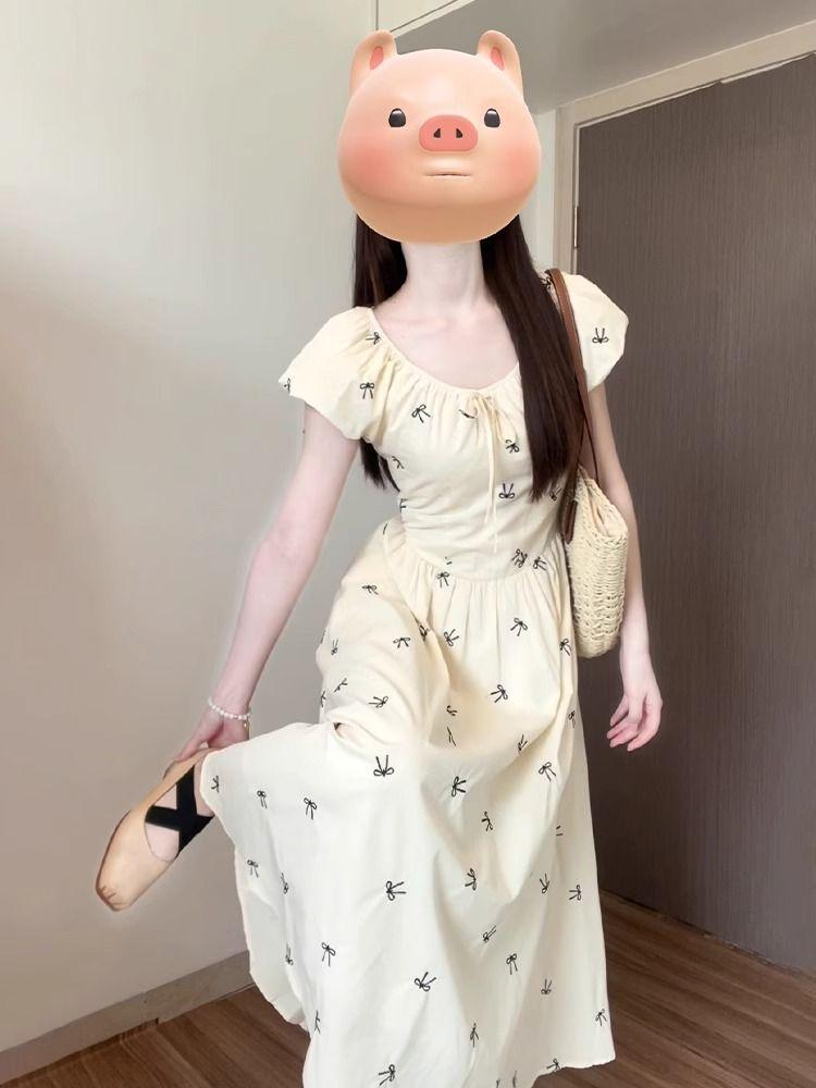 Tea Break French Puff Sleeve Floral Summer Dress - Women’s Small Waist-Defining Long Dress (2025)