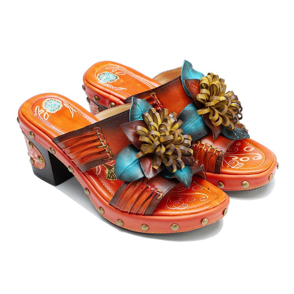 Johnature Женская обувь из натуральной кожи с ручной росписью, уличные тапочки, шлепанцы на высоком каблуке в стиле ретро, ​​босоножки на платформе