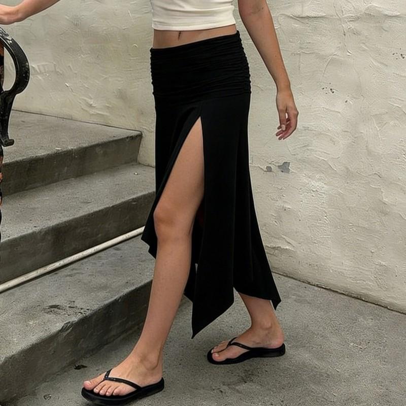 Womens Irregular Split Midi Skirt High Waist Pleated Casual Vacation Street Style
