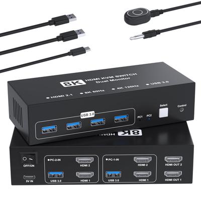 KVM-переключатель HDMI 8K@60Hz, 2 входа/2 выхода, HDMI KVM-переключатель, переключает между 2 ПК и 2 мониторами, 4 порта USB 3.0, поддерживает клавиатуру/мышь/принтер