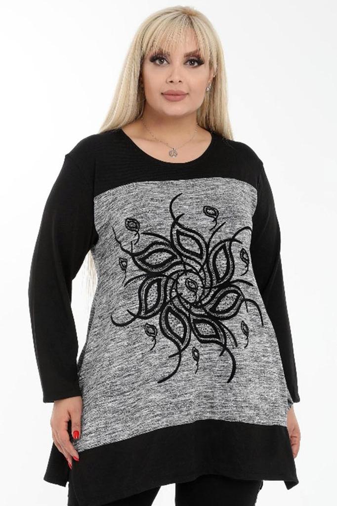 Женская блузка большого размера с круглым вырезом и цветочным мотивом, повседневная блузка с длинным рукавом и вышивкой камнями