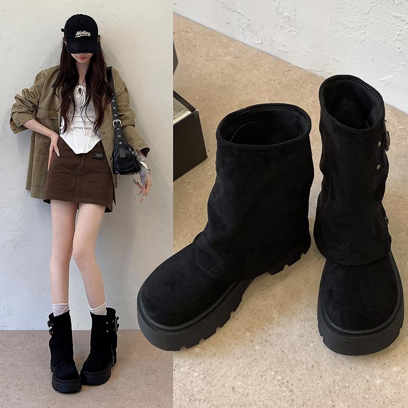 New retro thick-soled trouser boots women's double buckle straps increase height and show thinness small versatile Martin short boots