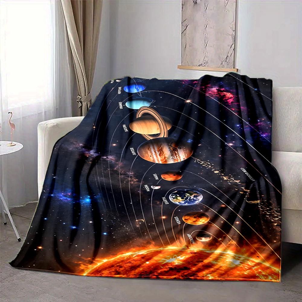 1Pc Solar System Journey Flannel Blanket, Soft And Comfortable, Casual Warm, Camping Travel, Christmas, Halloween Xmas Gift Y1740