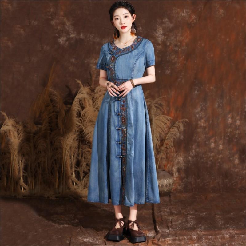 Johnature Летнее женское однобортное платье Cheongsam в китайском стиле с пряжкой в винтажном ковбойском платье с вышивкой