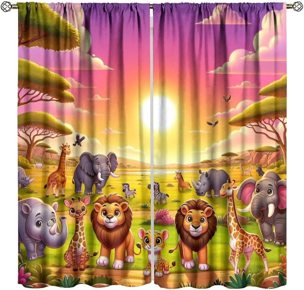 Animals Window Curtain Cartoon Jungle Forest Elephant Lion Print Curta For Kids Boys Girls Nursery Baby Bedroom Playroom Home