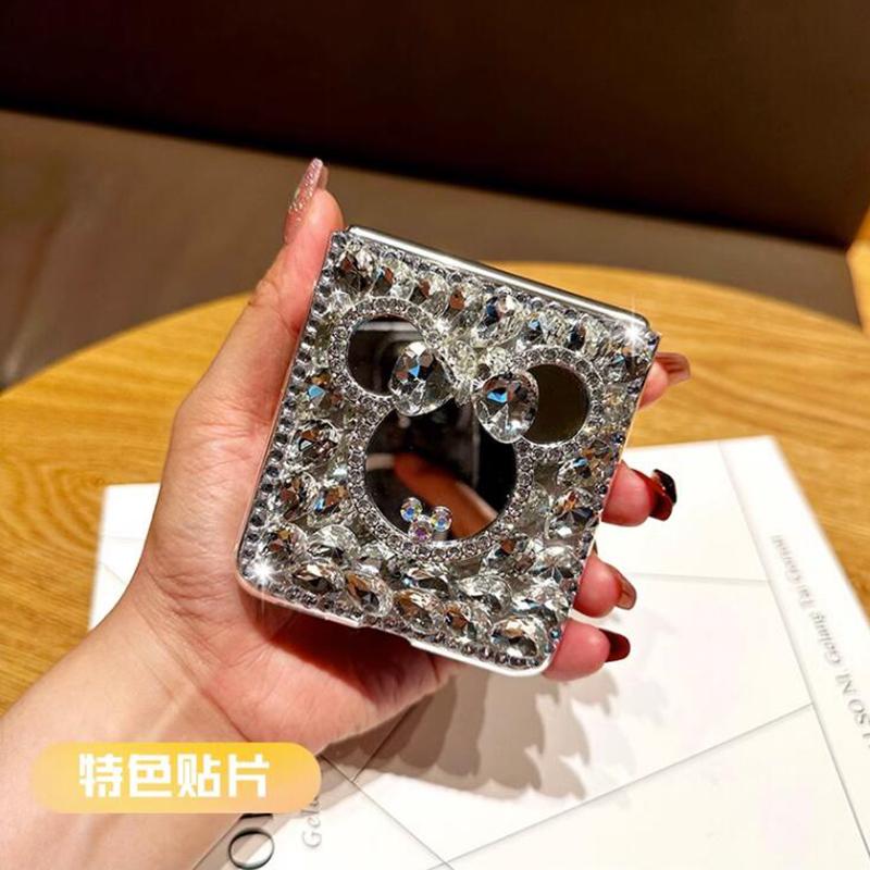 Luxury Rhinestone Cute 3D Mouse Mirror Phone Case for Samsung Galaxy Z Flip 5 4 3 Fashion Water Drop Diamond Hard PC Back Protection Cover