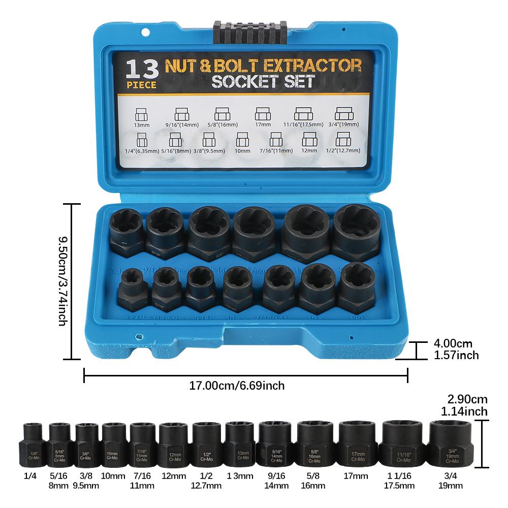Damaged Stripped Nut and Bolt Remover Kit 3/8" Impact Bolt Nut Screw Remover Tool Set Nut Extractor Socket Socket Wrench 13PCS