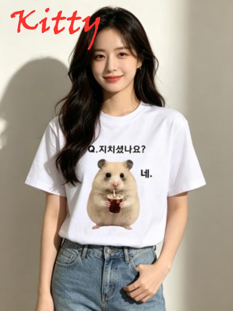 Korean Drama Unisexs Tshirt Q Did You Feel It Too Cute Hamster Graphic Casual Short Sleeve Top For Summer Y2k Unisexs Clothing