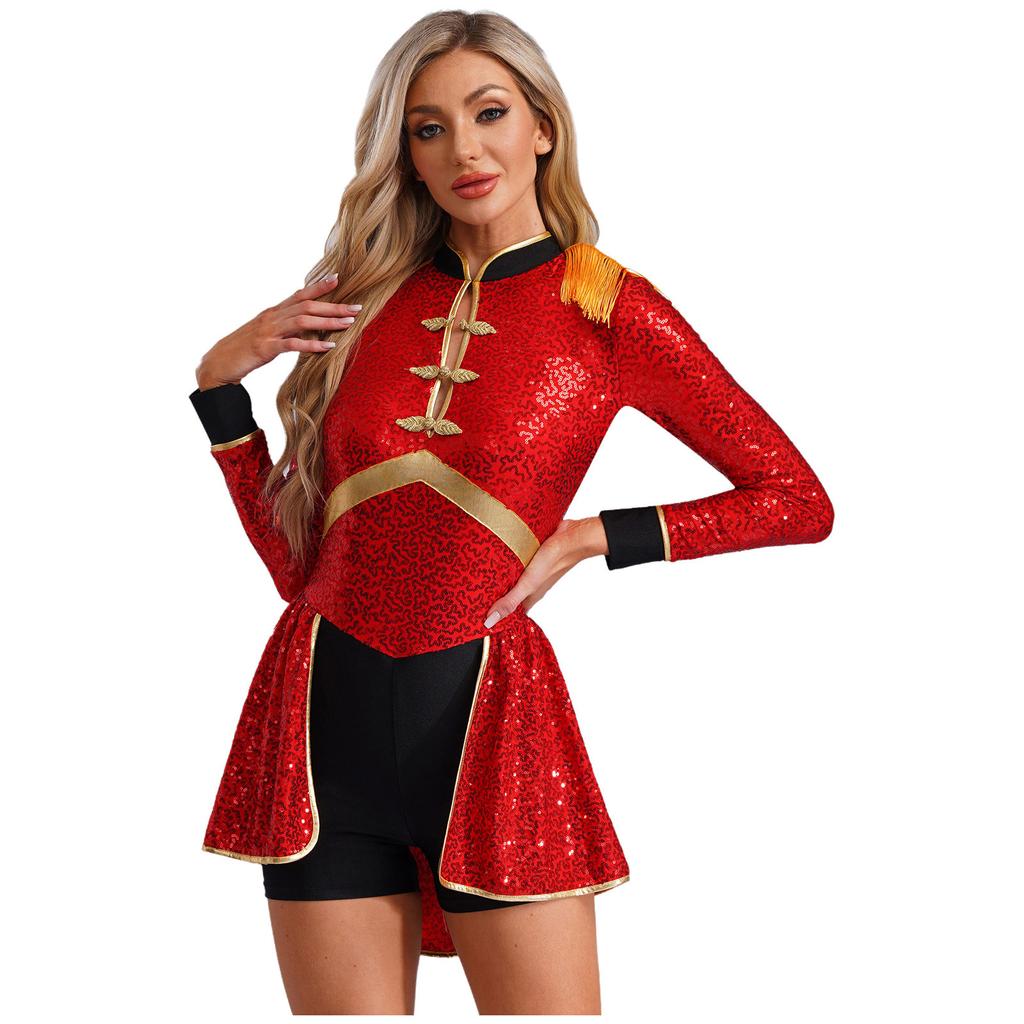 Women Circus Magician Cosplay Bodysuit Long Sleeve Sequins Fringe Epaulet Ringmaster Drummer Halloween Costume