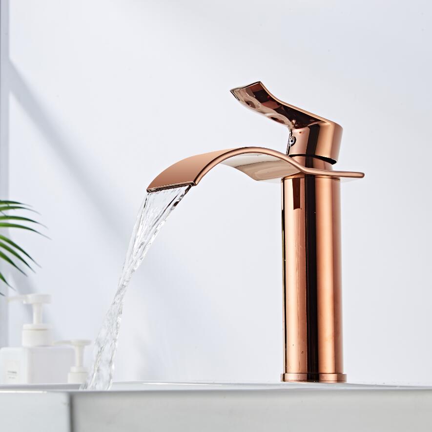 Rose Gold Basin Faucet Waterfall Faucet Brass Bathroom Faucet Bathroom Basin Faucet Mixer Tap Hot and Cold Brass Sink Faucet