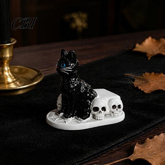 Collectible Resin Pet Sculpture Halloween Dog/Cat Skull Figurine, Gothic Animal Statue Skeleton Cat Dog Ornaments for Desk Fireplace, Spooky