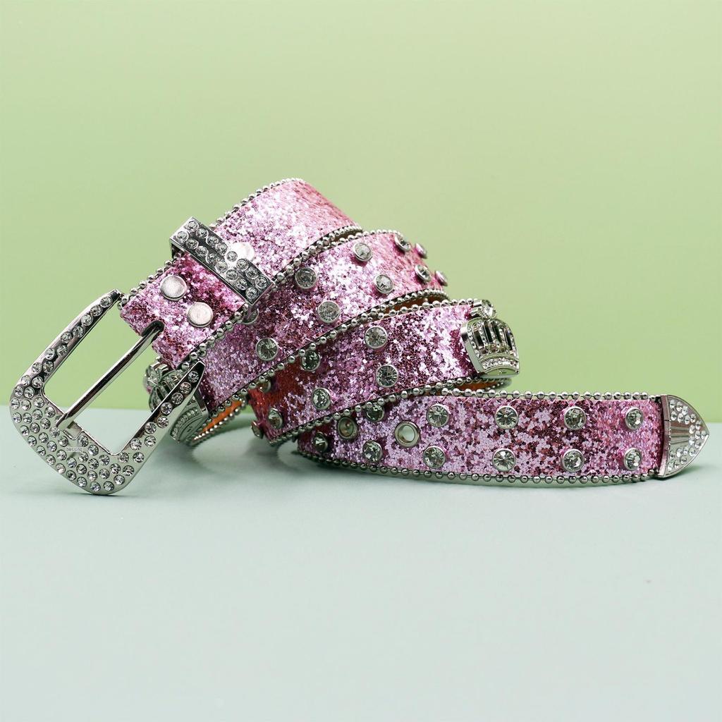 Унисекс Модный Кожаный Ремень с Горным Хрусталем и Блестками