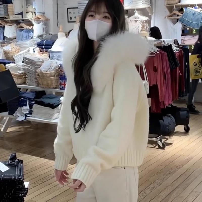 Осень и зима новый модный вязаный кардиган с капюшоном, короткий, с маленьким воротником из искусственного лисьего меха, женский свитер