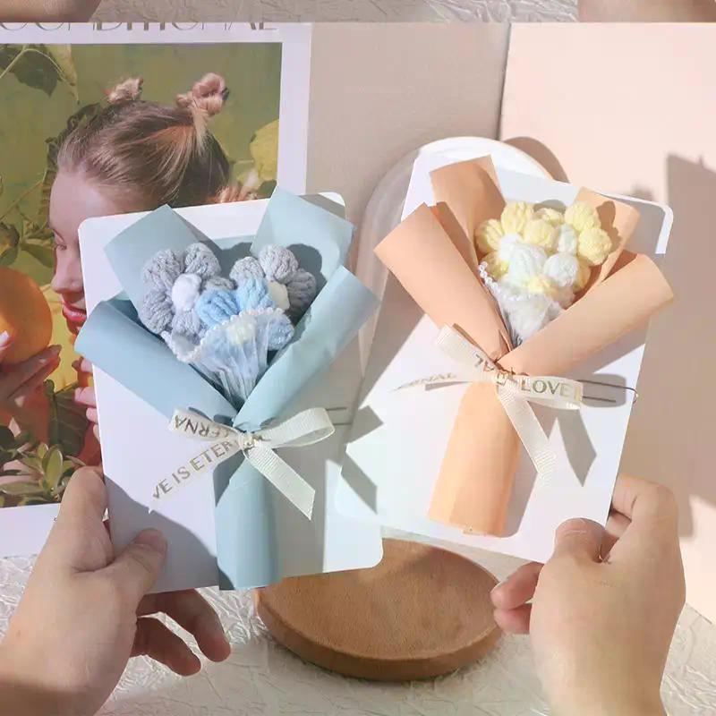 7 Colors Creative Three-dimensional Flower Bouquets Greeting Cards Handmade Cream Puffs Valentine's Day Knitted Flower Bouquets
