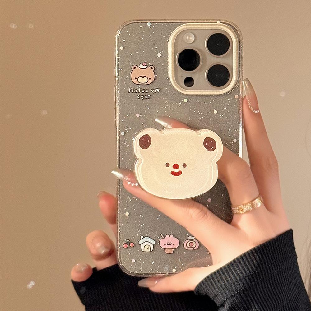 Bear Head Stand Apple 16 Mobile Phone Case 13 Glitter Powder Iphone14pro Max Suitable for 15 Soft Cute Cute
