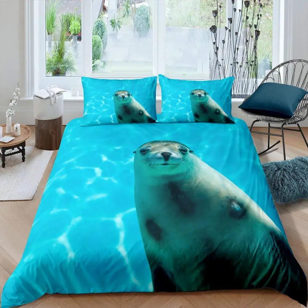 Пододеяльник с изображением тюленя размера King, милый комплект постельного белья с изображением тюленя, милый экзотический стиль океана, 2/3 шт., полиэстеровое одеяло с изображением морской жизни