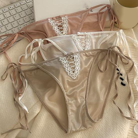 Women's Sexy Strap Satin Panties Low Rise See Through Invisible Thongs Hollow Out Thin Mesh Sheer Briefs