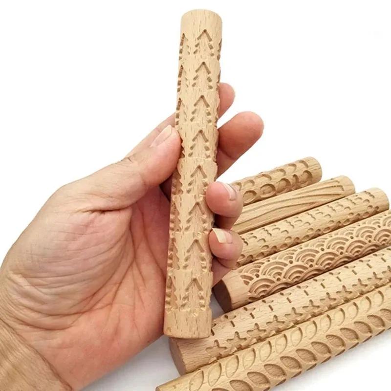 1pc Wooden Texture Rolling Pin Ceramic Pottery Art Embossed Rod Flower Pattern Mud Roll Roll Reliefs DIY Clay Craft Tool