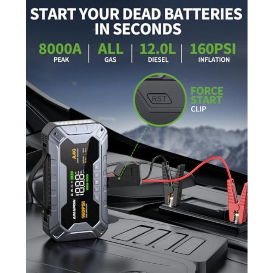 Пуско-зарядное устройство 8000А 160PSI с компрессором 12В, Power Bank, Стартер для всех бензиновых/12л дизельных автомобилей со светодиодным F