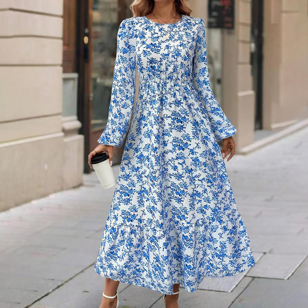 Женское весеннее платье с длинным рукавом и цветочным принтом, О-образным вырезом, летнее повседневное платье А-силуэта длиной до щиколотки, эластичное, с высокой талией, свободное платье