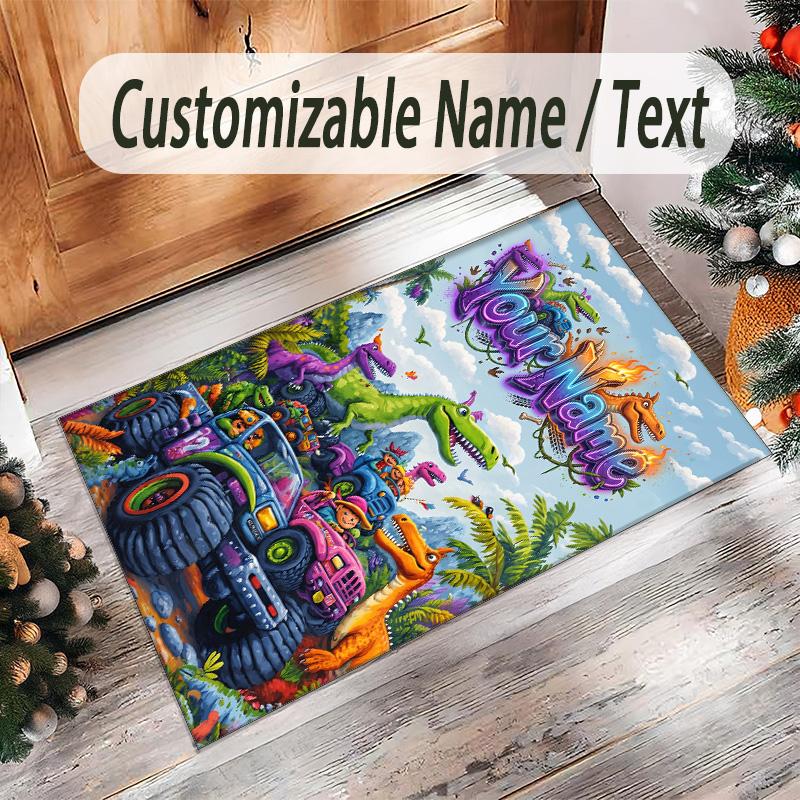 Dinosaur Theme Crystal Velvet Rug Personalized Custom Name Text Soft Floor Mat Home Decor