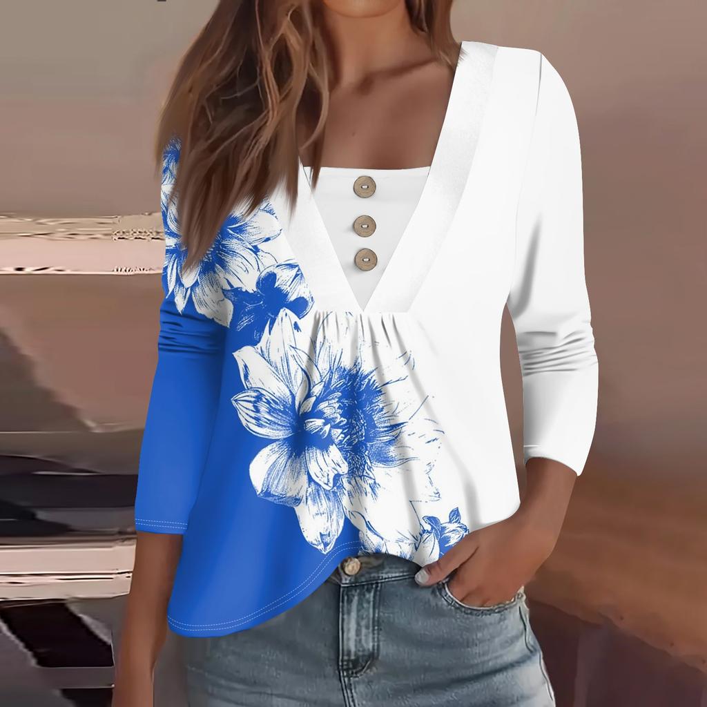 Women's Fashion Casual Long Sleeve Shirt Floral Printed Button V Neck Up Tops