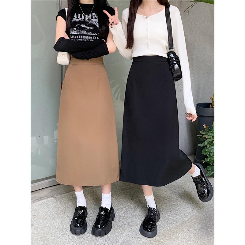 2024 Women's French-Style Midi Skirt - Black High Waist A-Line Pencil Skirt