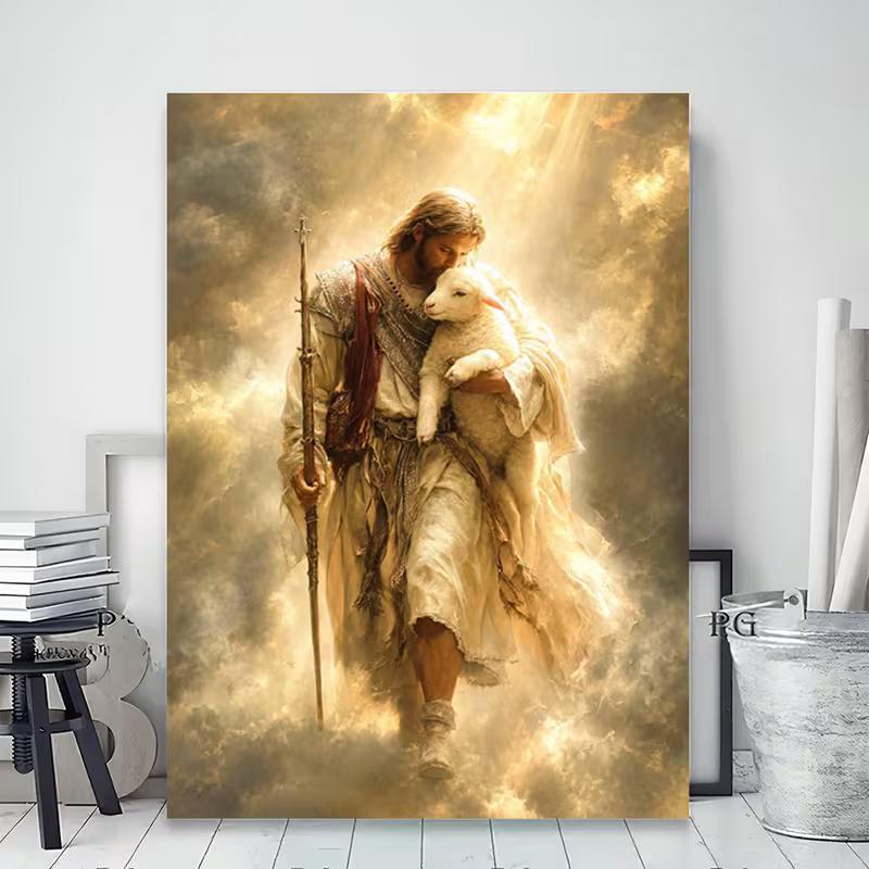 1pc Jesus Holding Lamb Religious Print - Vertical Suitable for Living Room, Study, Office Decor - Neoclassical Iconography for Home Sanctuary Gift