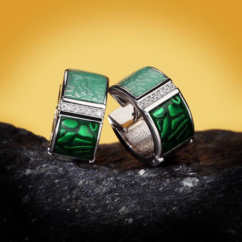 Exquisite Earrings for Women Genuine Green Square Sparkling CZ Stud Chic Fine Jewelry Handmade Enamel Bridal Jewelry