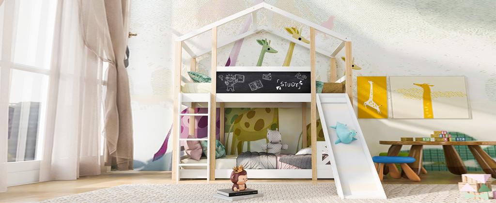 (=517234AAW) Children's Bed Treehouse with Slide & Ladder 90 x 200 cm, Loft Bed for Children – 2x Slatted Frame - Natural & White