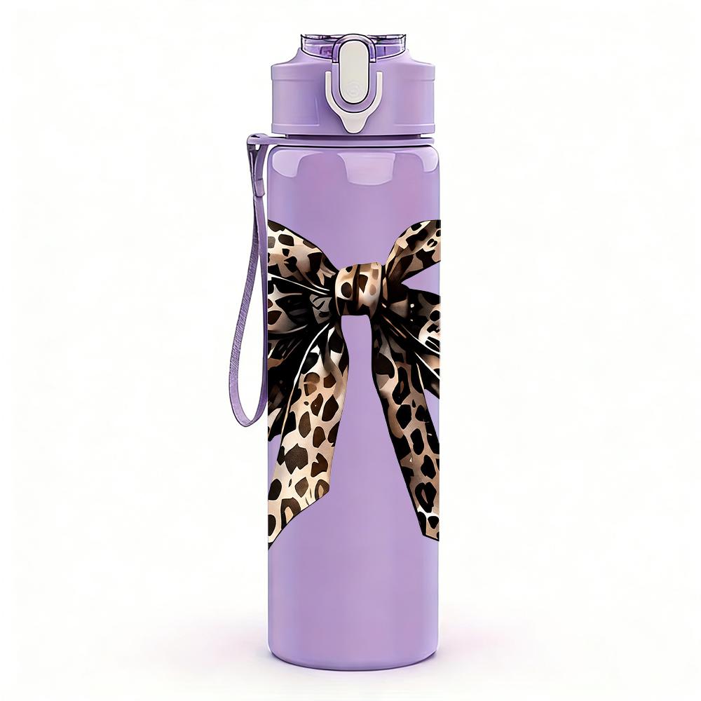 1PC Leopard Print Large Bow Graphic,750ml Color Plastic Sports Water Bottle,Leakproof Flip Straw Lid,Suitable for Sports Office Home Use