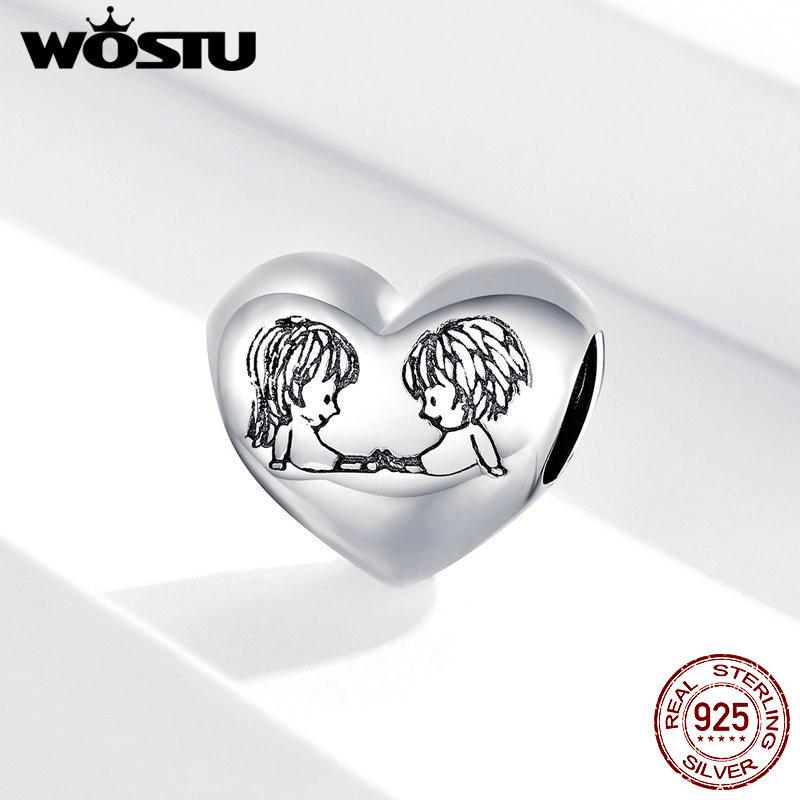 WOSTU Бусины из стерлингового серебра 925 пробы с сердцем любви подходят для браслетов-подвесок DIY Изготовление ювелирных изделий детский подарок