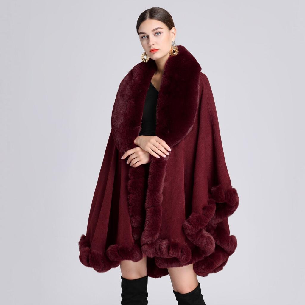 16 Colors Women String Rabbit Fur Collar Outstreet Wear Winter Thick Poncho Cardigan Long Cloak Big Pendulum Loose Shawl Coat
