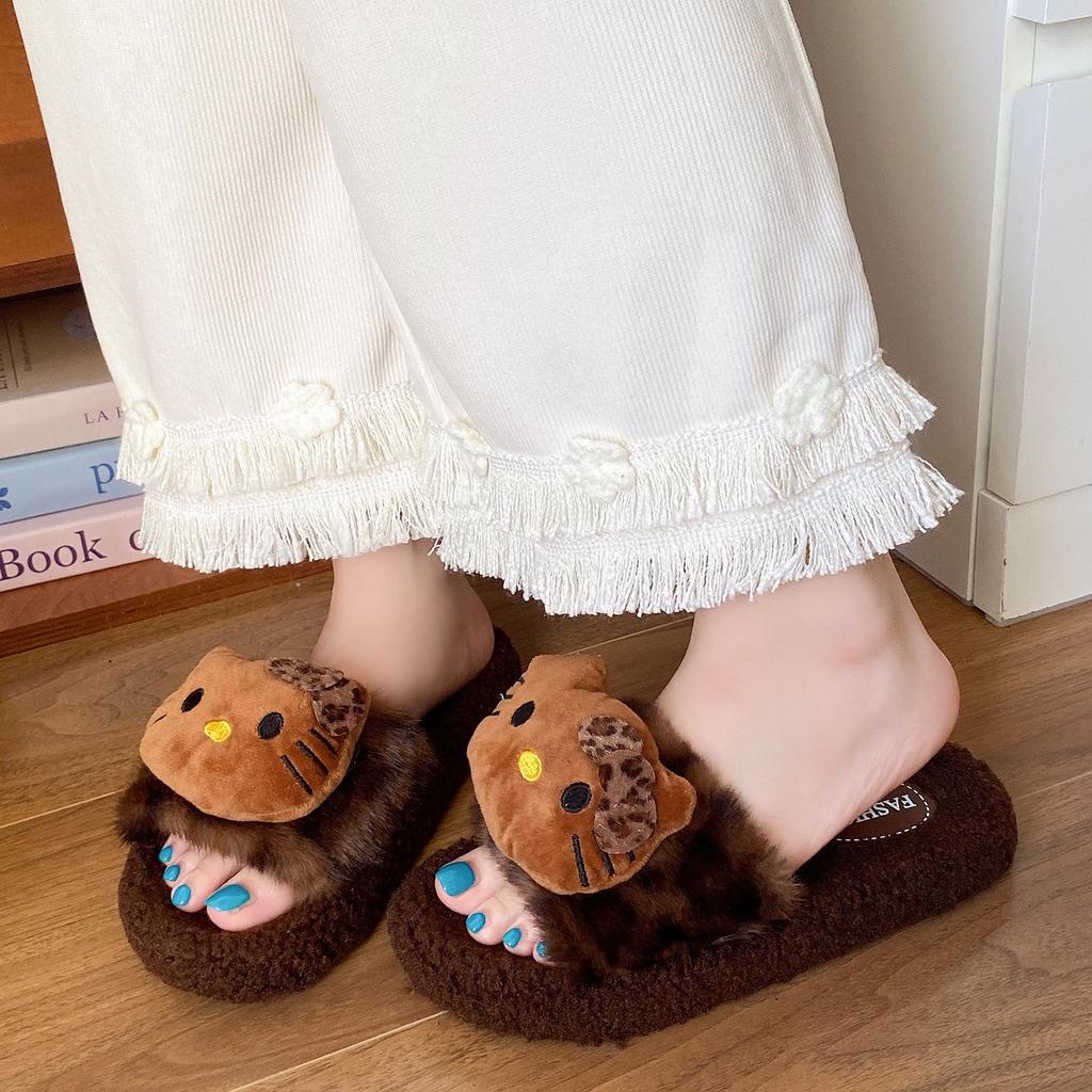 Женские осенне-зимние нескользящие плюшевые домашние тапочки с принтом кошки и леопарда – Милый хлопковый дизайн для родителей и детей