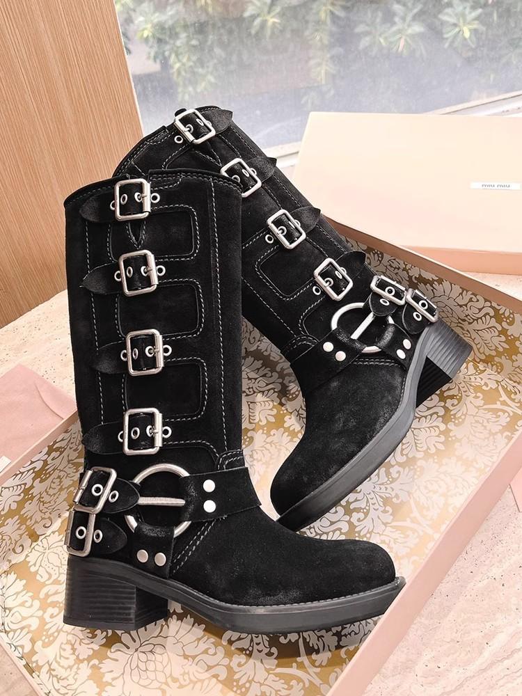 Празднуйте Массивный каблук Пряжка Винтажные Мотоциклетные Сапоги до колена средней длины Кожаная Новая Платформа Байкерские Сапоги для Женщин