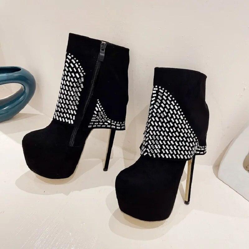 Eilyken Пикантные стильные женские босоножки на высоком каблуке-шпильке с кристаллами, дизайнерские женские туфли для стриптизерши на платформе с молнией и круглым носком