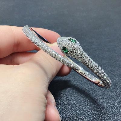 S925 серебро браслет-манжета в виде змеи милый стиль зеленые глаза полукруг CZ циркон брендовый браслет для женщин ювелирные изделия со значками