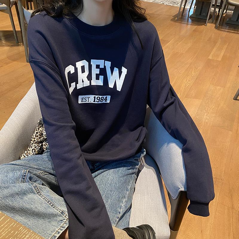 Женское серое худи с принтом букв, женский свободный тонкий пуловер с круглым вырезом и длинными рукавами, повседневный топ для студентки