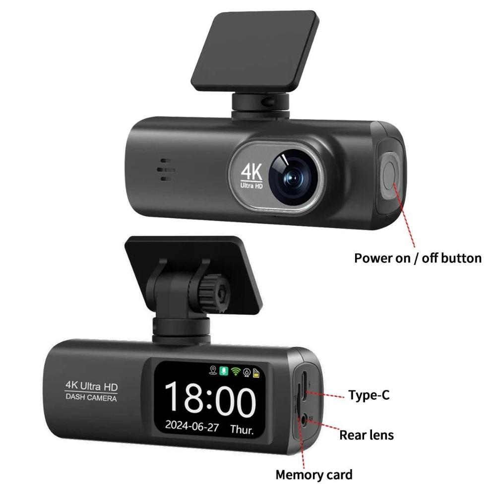 4K Ultra HD Dual Lens Auto Dash Recorder, Super Wide Angle Night Vision, Front Rear Recording with WiFi & Built-in GPS Module