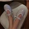 Luxury Crystal Rhinestone Fishnet Ballet Flats Woman Brand Design Rivet Studs Mesh Mary Jane Shoes Ladies Summer Cut Out Loafers