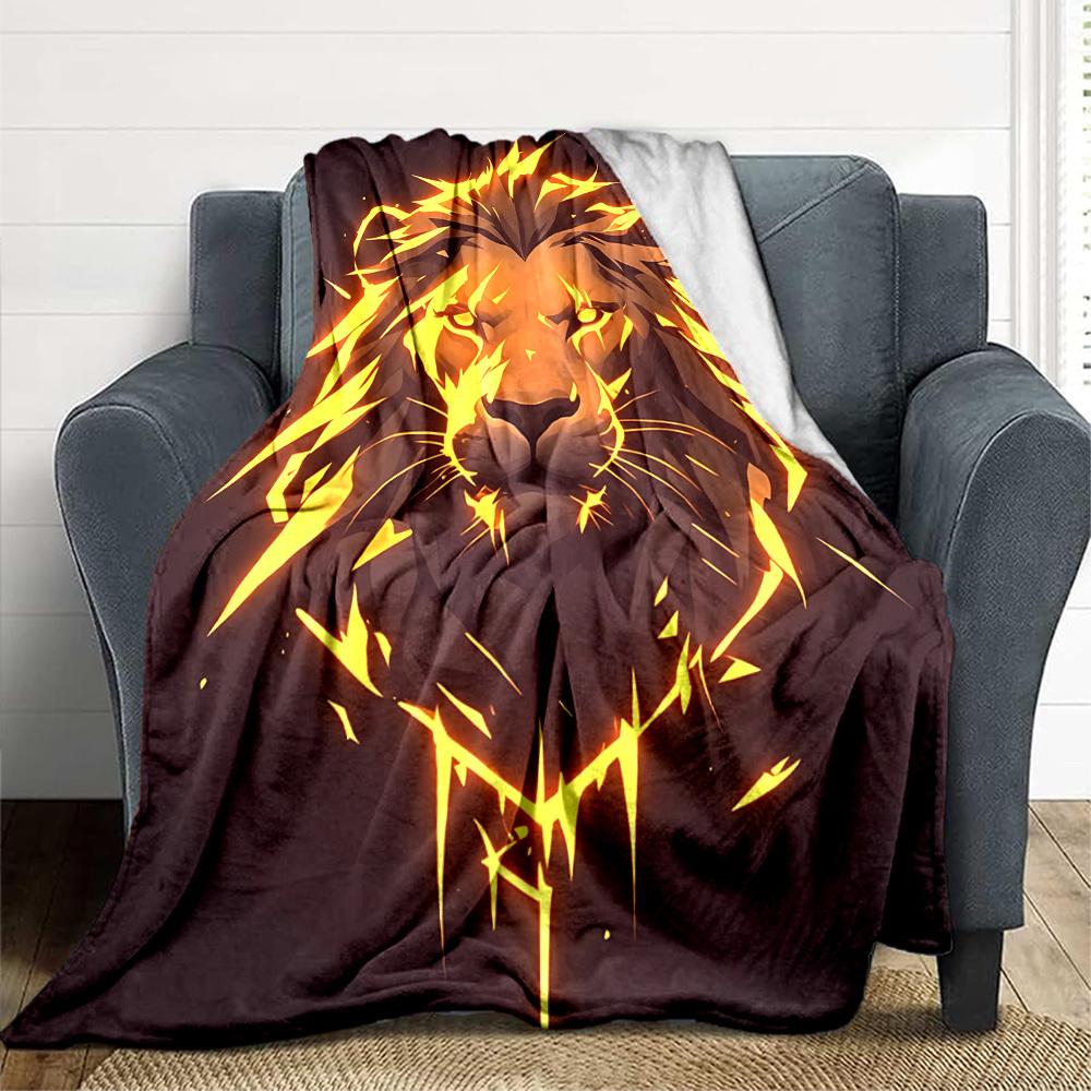 1pc Lion Flame Print Blanket - Lightweight Flannel Throw Blanket For Sofa, Bed, Living Room, Office, Outdoor Travel, Camping, Soft All-Season090