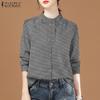 Women Stand Collar Loose Casual Long Sleeve Drid Print Blouse