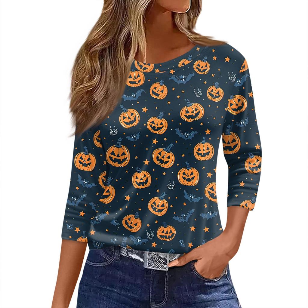 Women's T Shirt Halloween Print 3/4 Sleeve Daily Fashion Basic Round Neck Regular Top