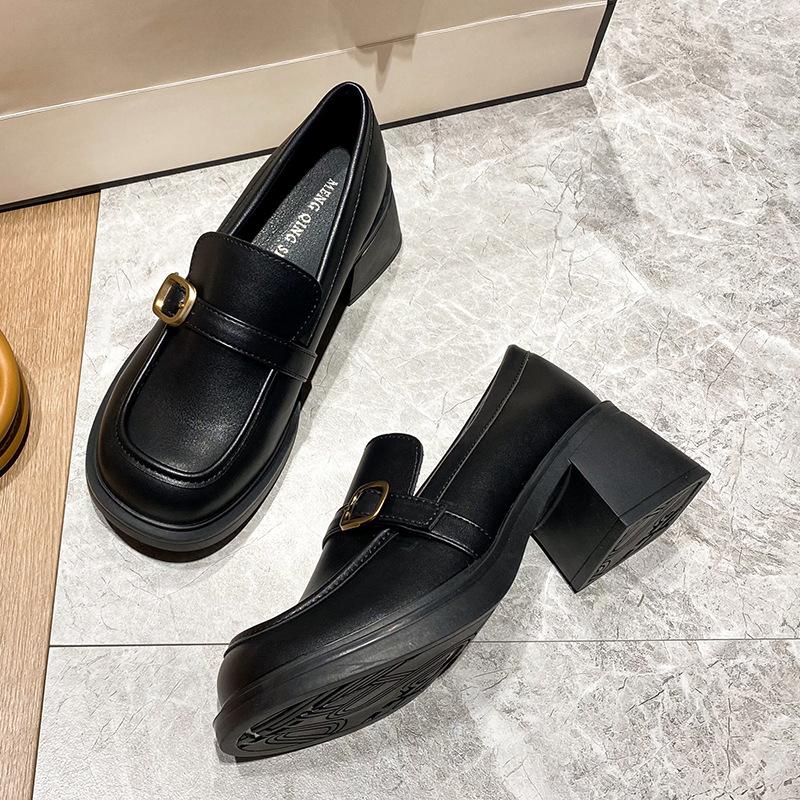 2024 Новые туфли из кожи в стиле ретро с круглым носком, весна-осень, толстый каблук, толстая подошва, одинарные туфли