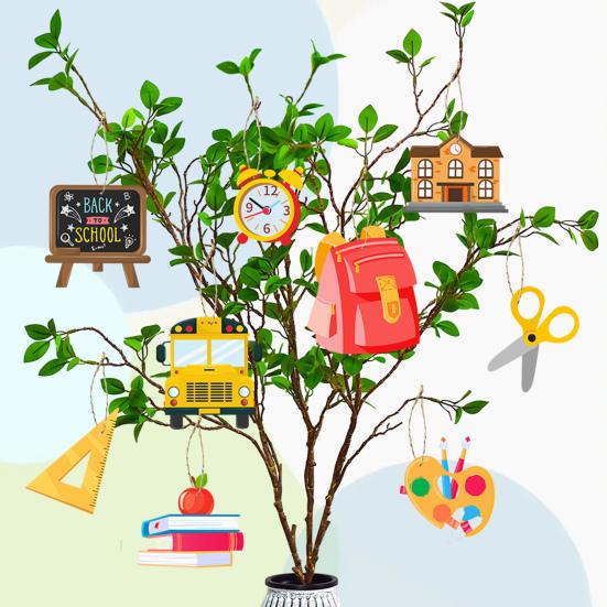 18 шт., украшения для школы, деревянный подвесной баннер, линейка, книга, рюкзак в форме автобуса, подвесной декор, украшения для вечеринки, принадлежности