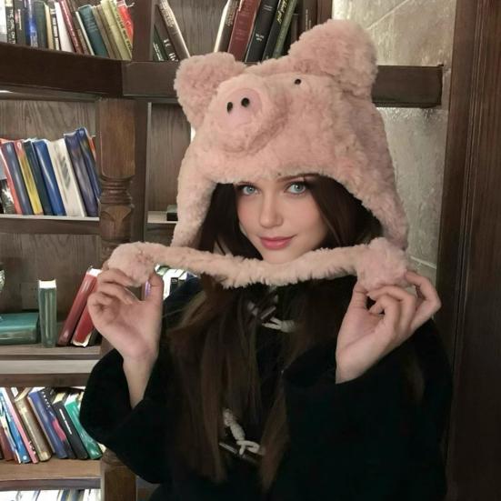 Зимняя шапка мультяшной формы свиньи, мягкая плюшевая, с теплоизоляцией, осенне-зимняя, утолщенная, теплая, с защитой ушей, головной убор